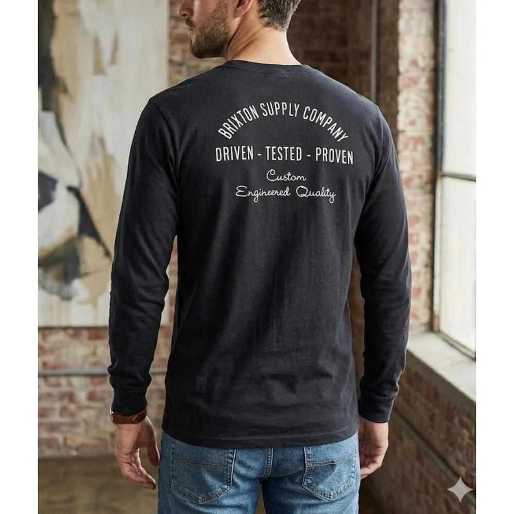 Brixton Supply Company Mens XXL Long Sleeve Pocket T-Shirt Black Graphic Tee‎